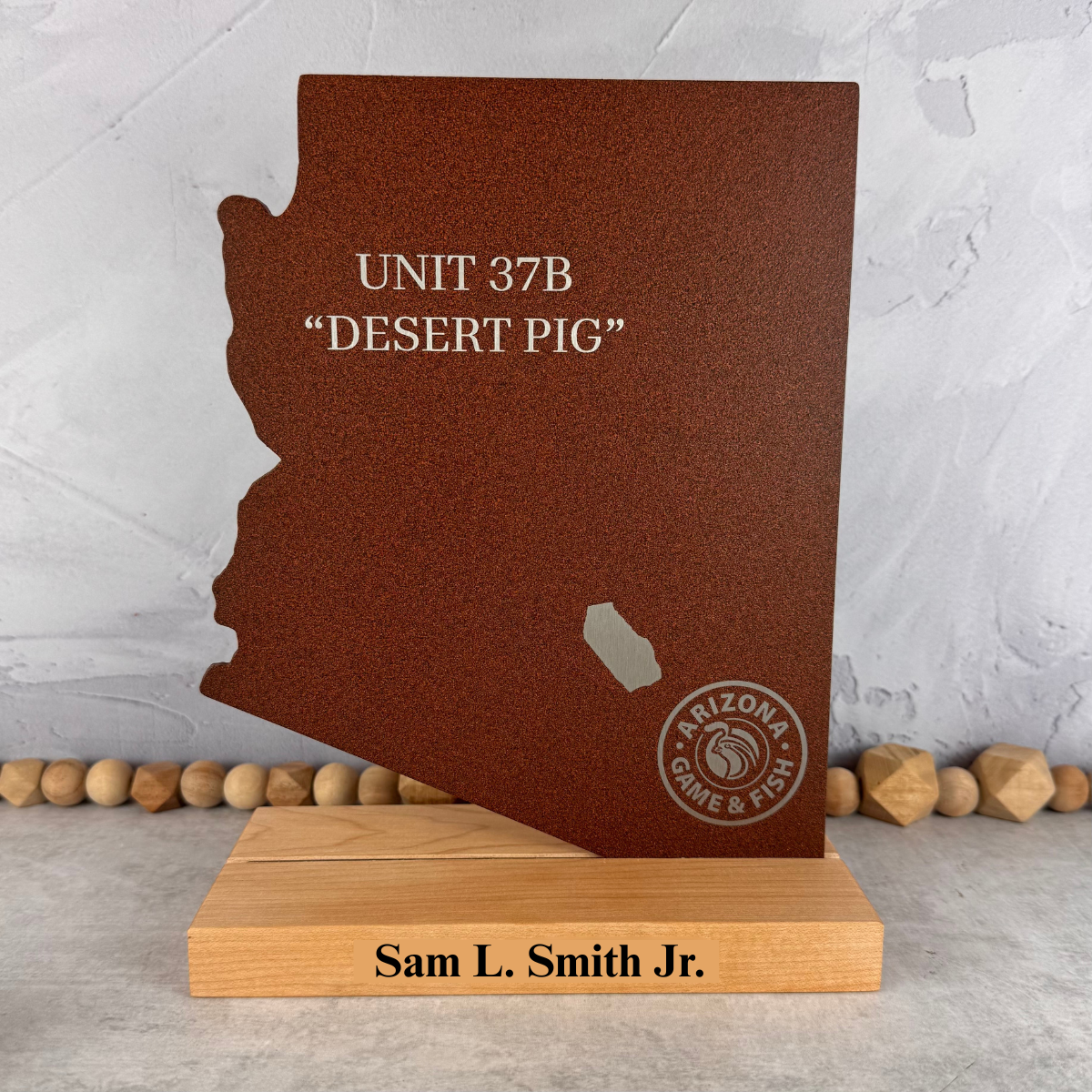 Arizona state shaped award with wood base.