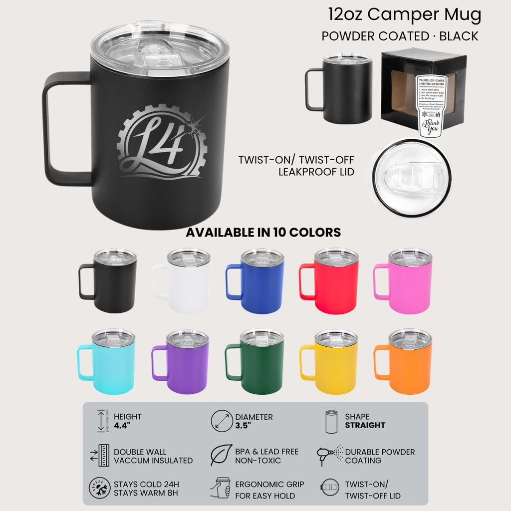 Black insulated mug with L4 logo, shown in various colors with specifications on a white background.