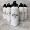 White water bottles arranged in a row engraved with the Splash 3 logo on a gray background. 