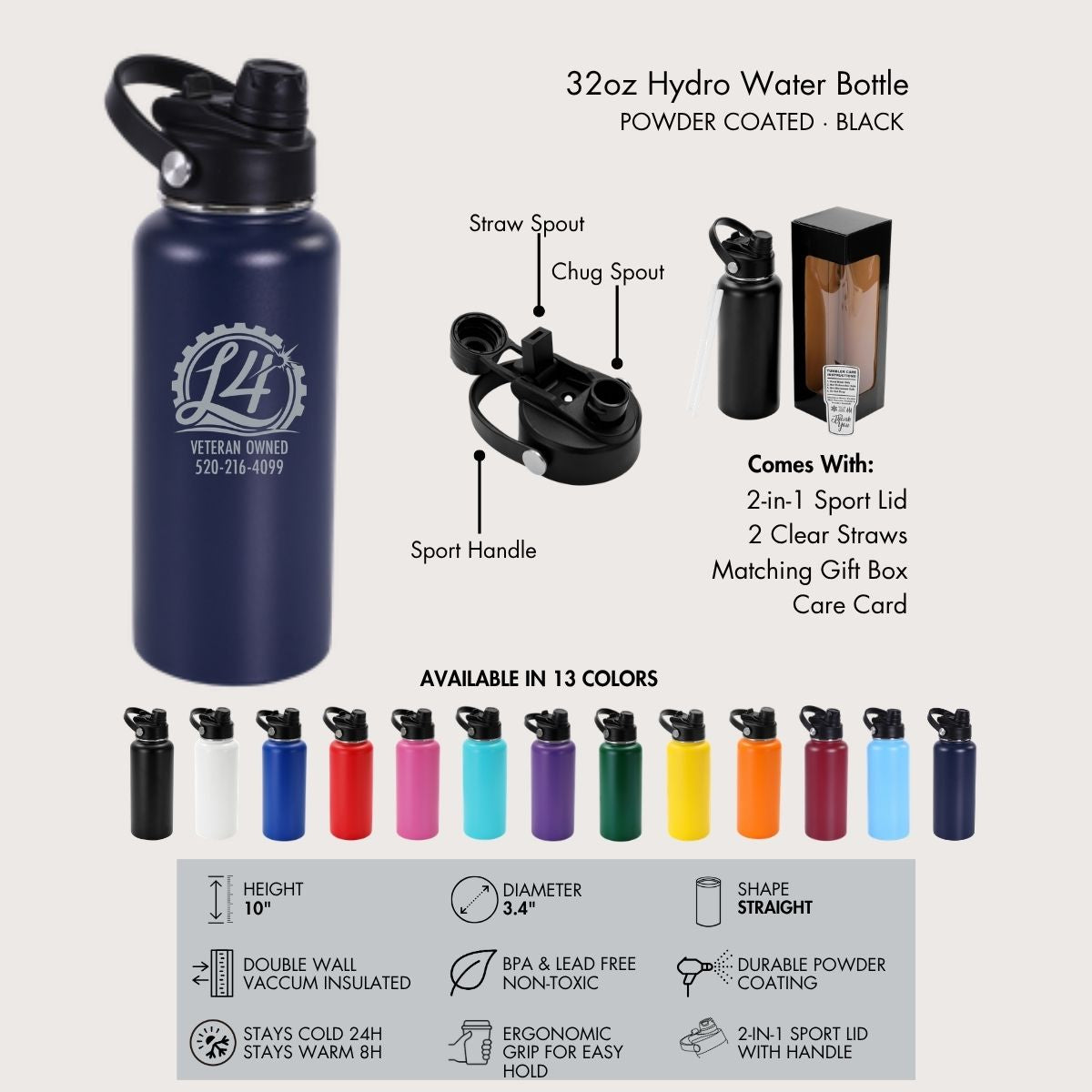 Custom 32 oz Water Bottles L4 Laser Engraving & Metal Art