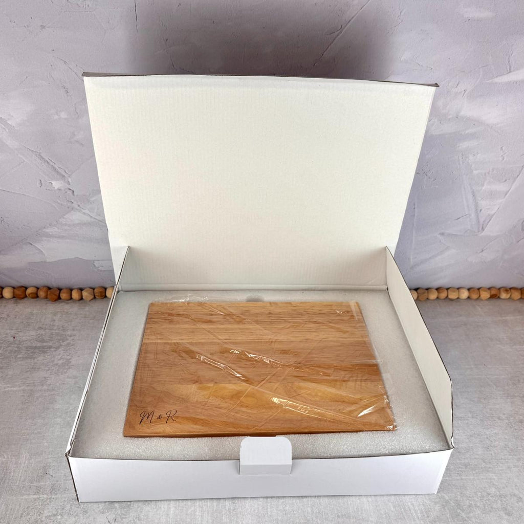 Custom engraved knife block shown in the gift box.