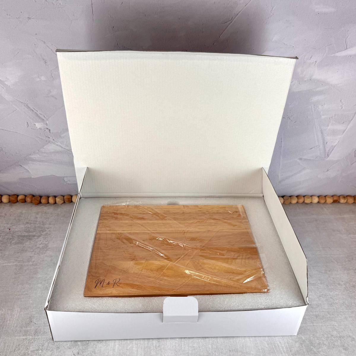 Custom engraved knife block shown in the gift box.