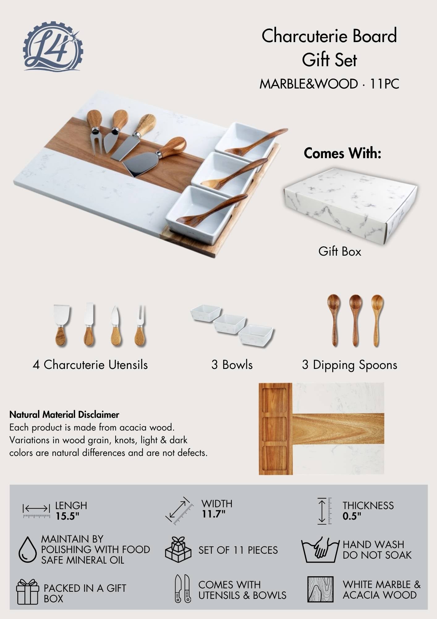 Charcuterie Board Gift Set with marble and wood components, including utensils, bowls, and a gift box.