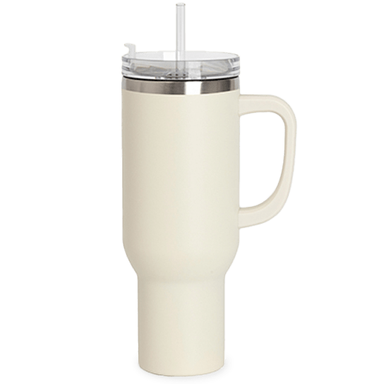 Cream 40 oz Tumbler with Side Handle.