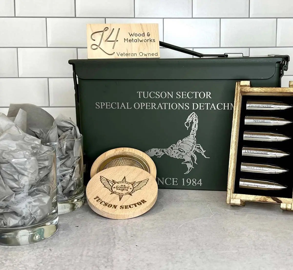 Custom ammo box with whiskey set - bullet ice cubes, whiskey smoker, and sand carved glasses.