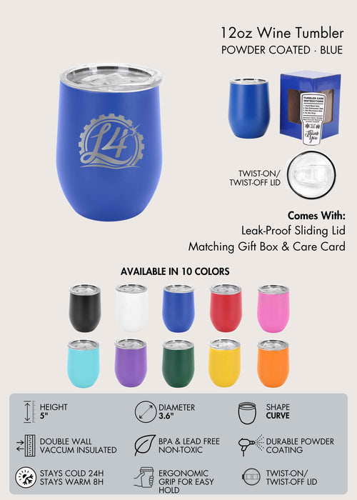 Blue wine tumbler with product details on a light gray background.