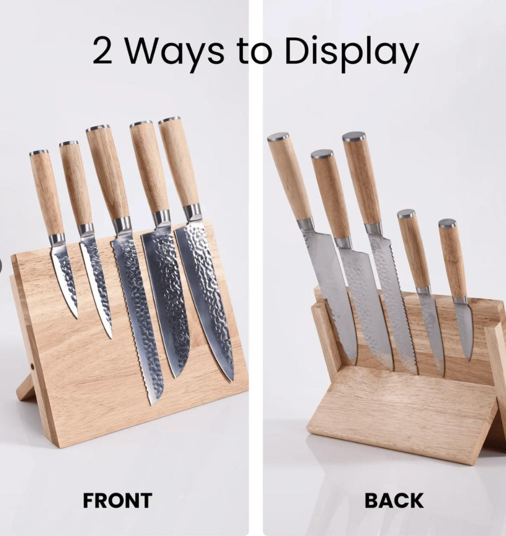 Graphic showing how to magnetically attach the knives to the front or back of the block.