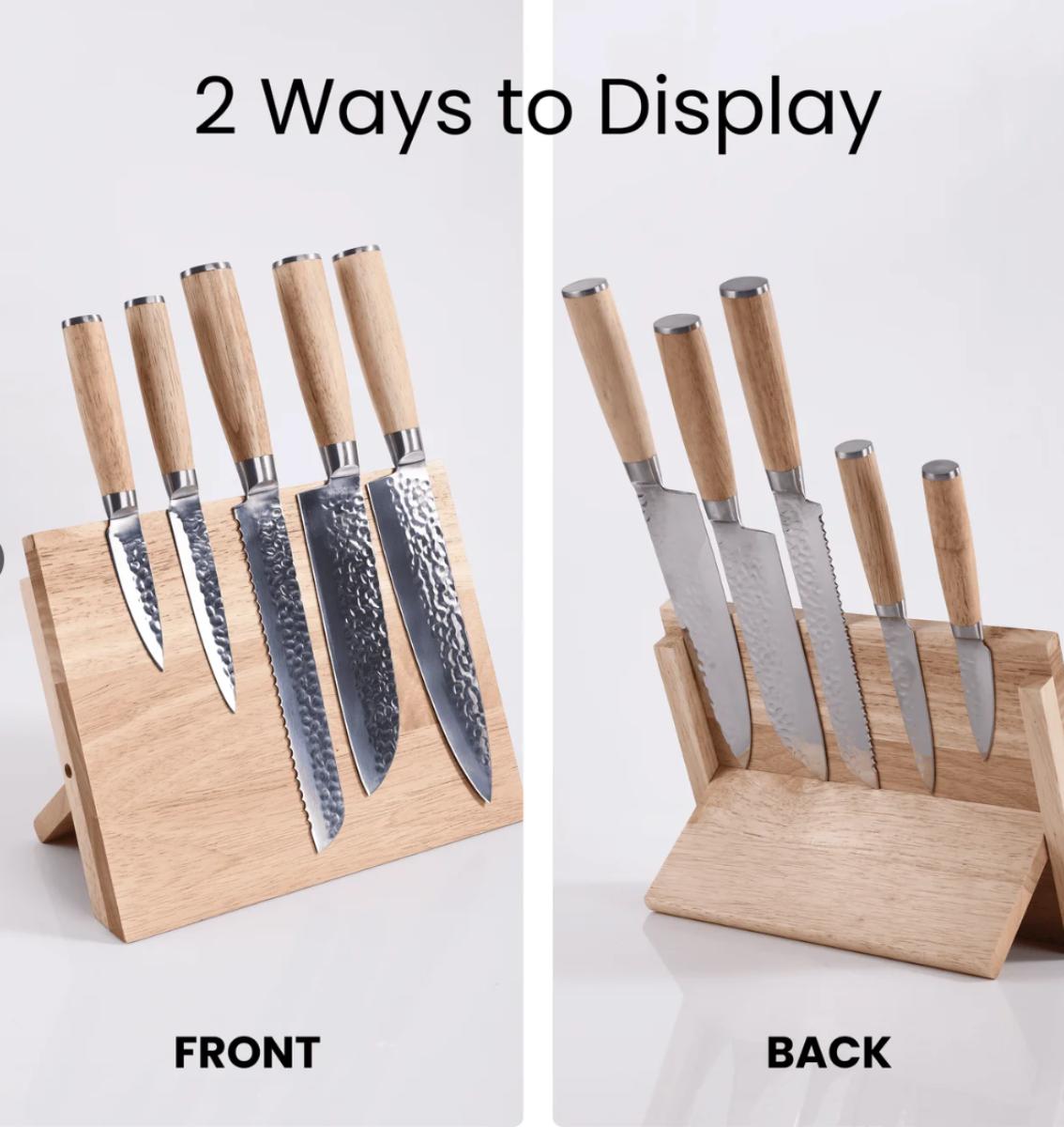 Graphic showing how to magnetically attach the knives to the front or back of the block.