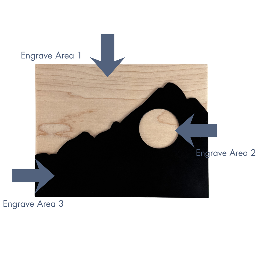 Our hardwood and black metal mountain award, marked with three areas of personalization.