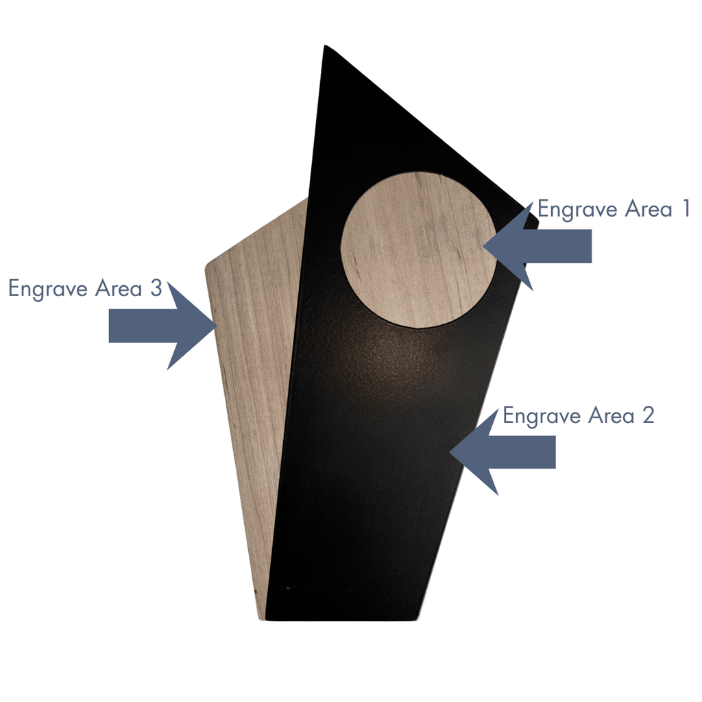 Wood and metal award with engraved areas labeled on a white background.