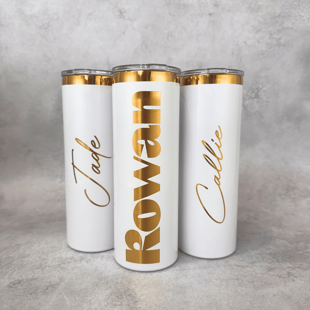 Skinny 20 oz tumbler personalized with laser engraving for corporate gifting