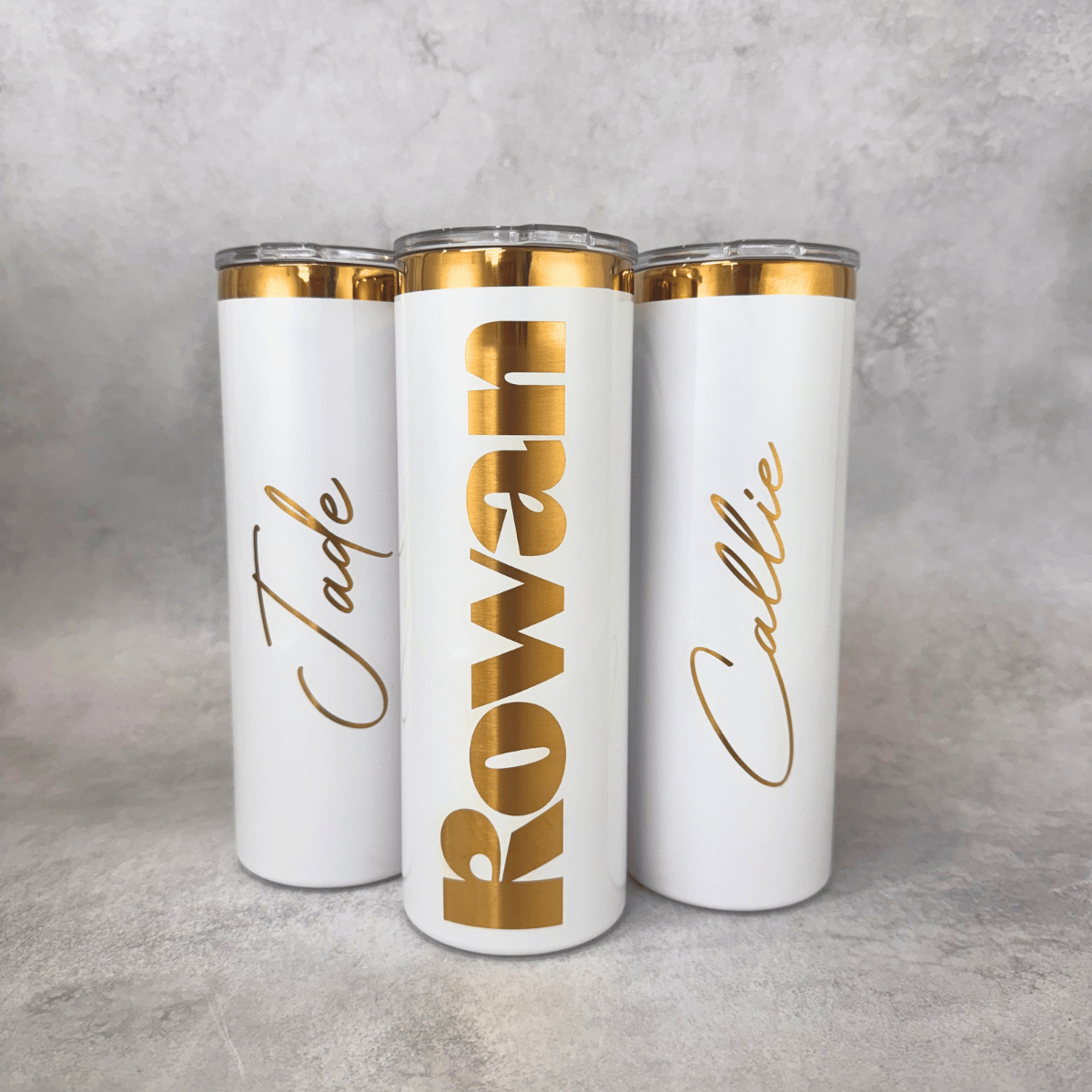 Skinny 20 oz tumbler personalized with laser engraving for corporate gifting