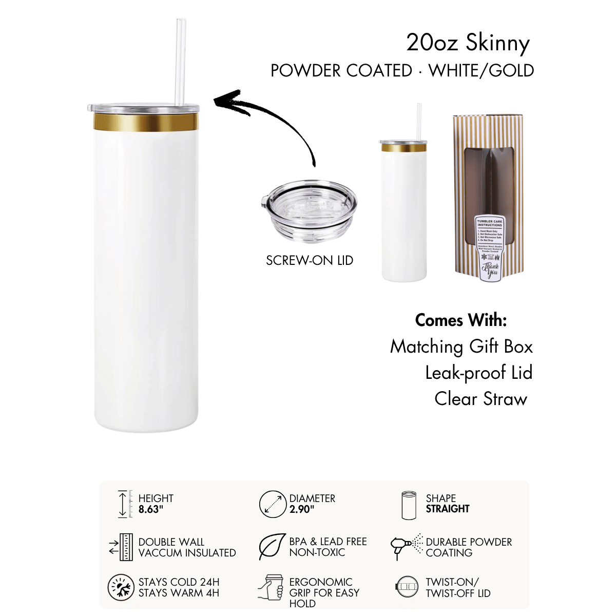 Skinny 20 oz tumbler specifications and dimensions