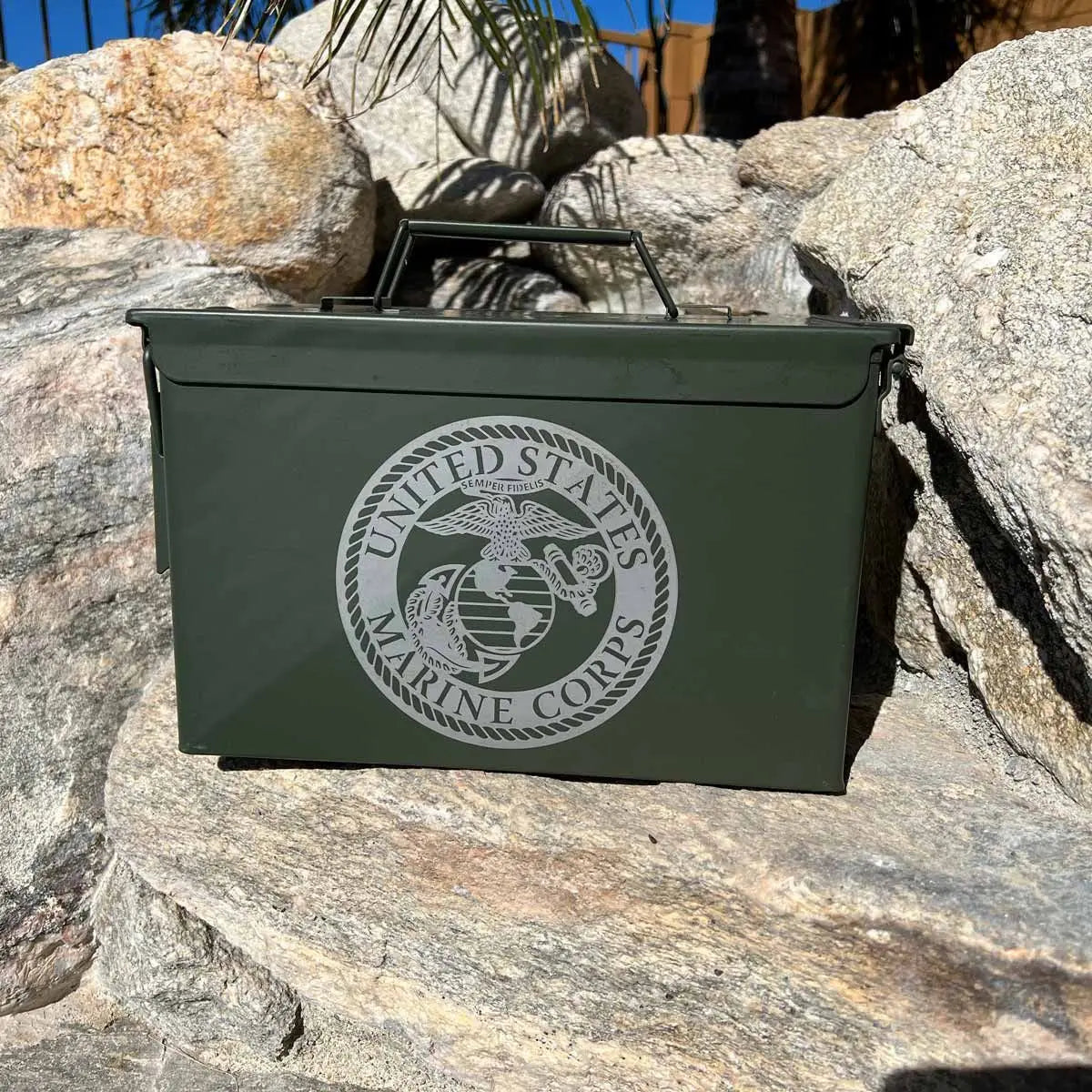 olive green ammo can with marine corps log engraved.