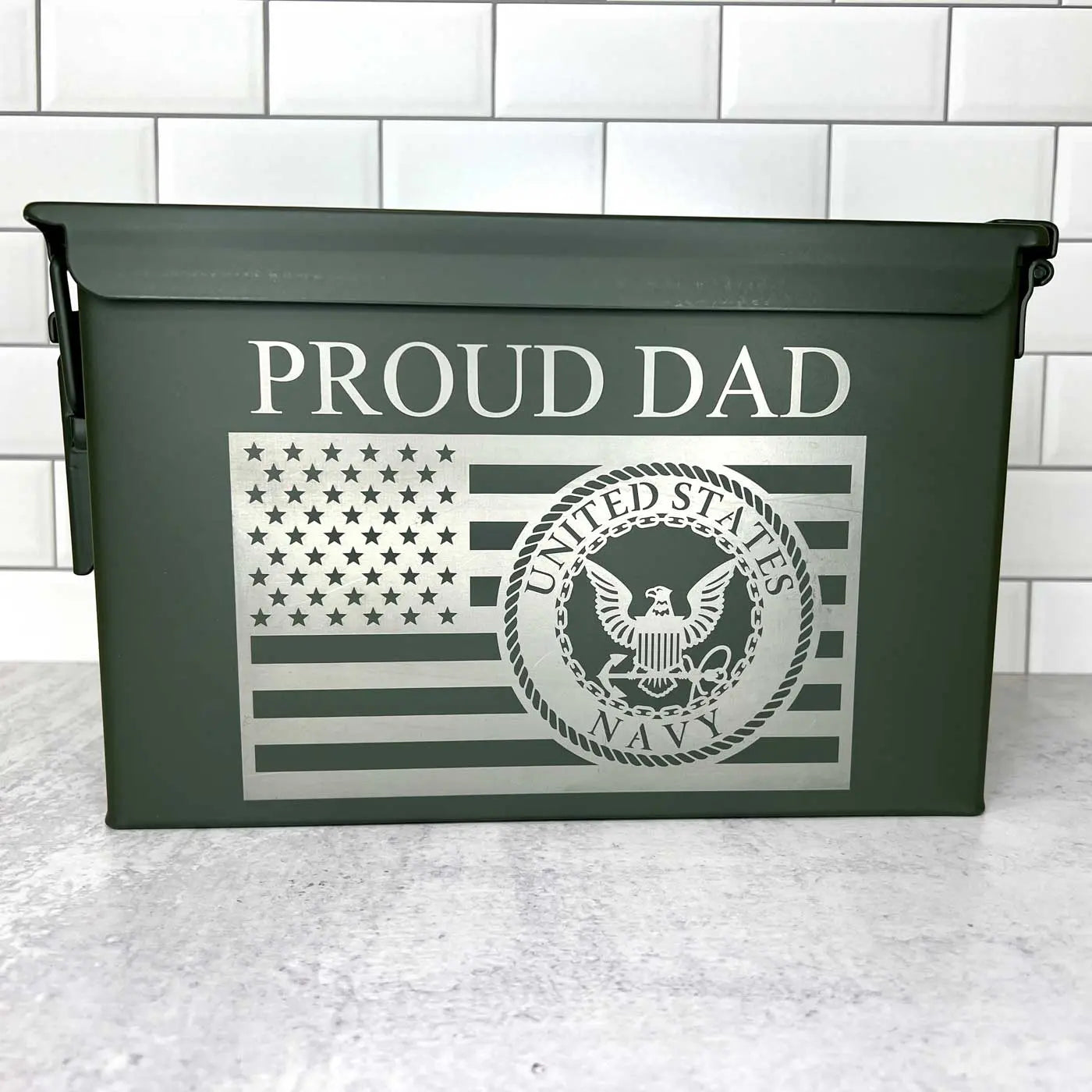 Custom Laser Engraved Ammo Can with navy emblem, proud Dad, and U.S. Flag.