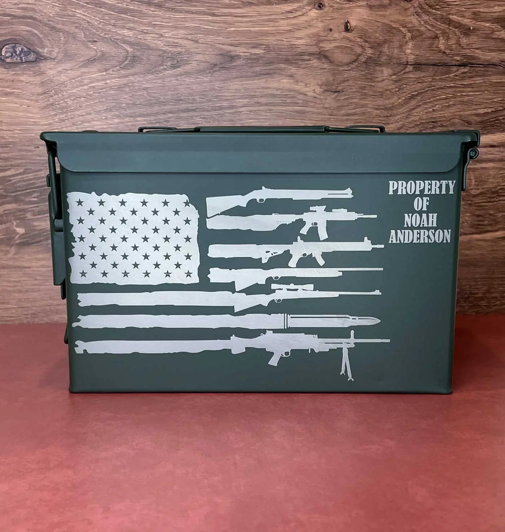 Custom Laser Engraved Ammo Can with US flag and guns as stripes