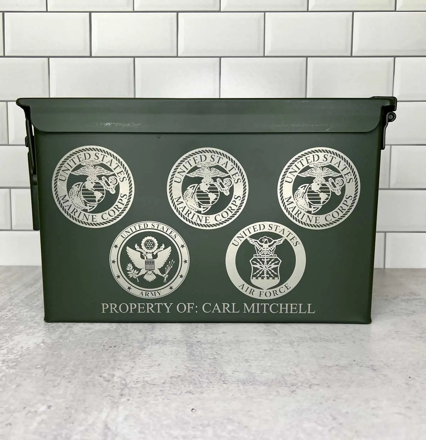 Custom laser engraved ammo can for gifting, storing ammo, and organizing supplies.