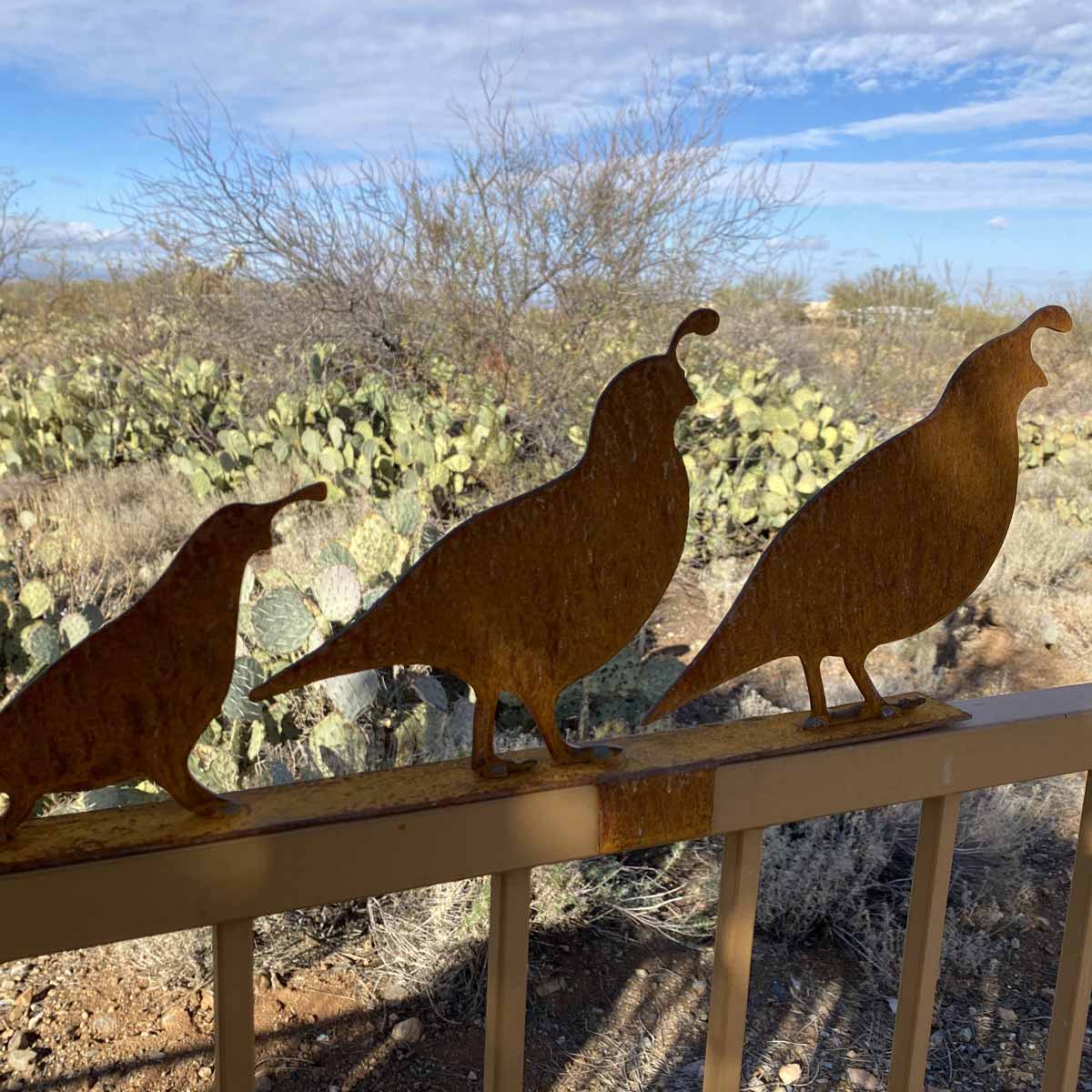 These metal quail are a gorgeous metal yard art option. Can be displayed as fence sitters or with stakes for ground display.