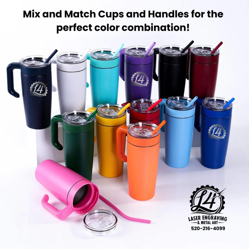 Custom engraved tumblers available in 13 colors with matching straws, leakproof lids, and optional handles.