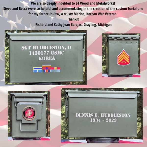 collage of views of a custom ammo can that was used as an urn.