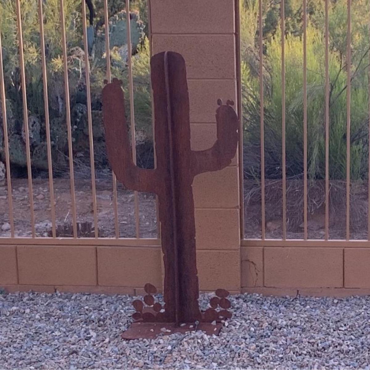 A Rusted Metal Saguaro Cactus on top of rocks and in front of view fencing.