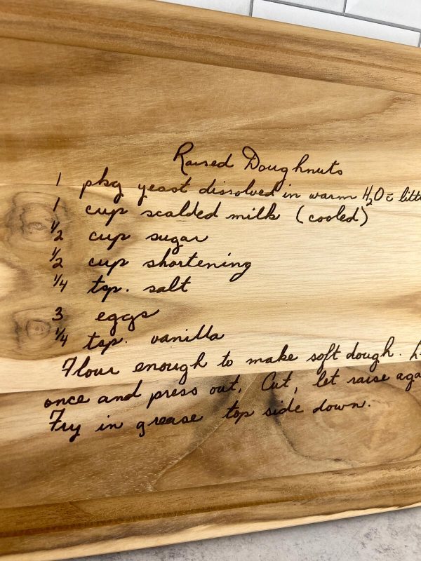 close up image of the handwritten recipe cutting board