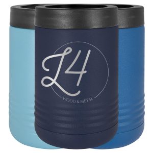 three blue can coozies, custom engraved