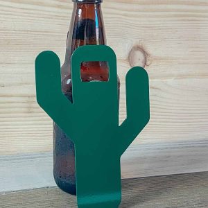green saguaro cactus bottle opener leaning against bottle