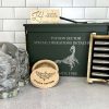 custom ammo box with whiskey set - bullet ice cubes, whiskey smoker, and sand carved glasses.