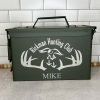 Custom ammo box engraved for a family hunting club - says Rickman Hunting Club with antlers and ducks engraved.
