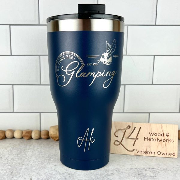 navy blue 30 oz Rtic tumbler engraved with a logo for Rather Bee Glamping.