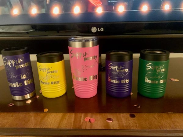 5 various engraved drinkware options - coozies and cups.