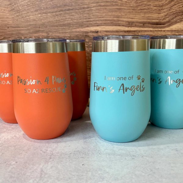 coral and teal 16 oz wine tumbers engraved for Passion For Paws Dog Rescue