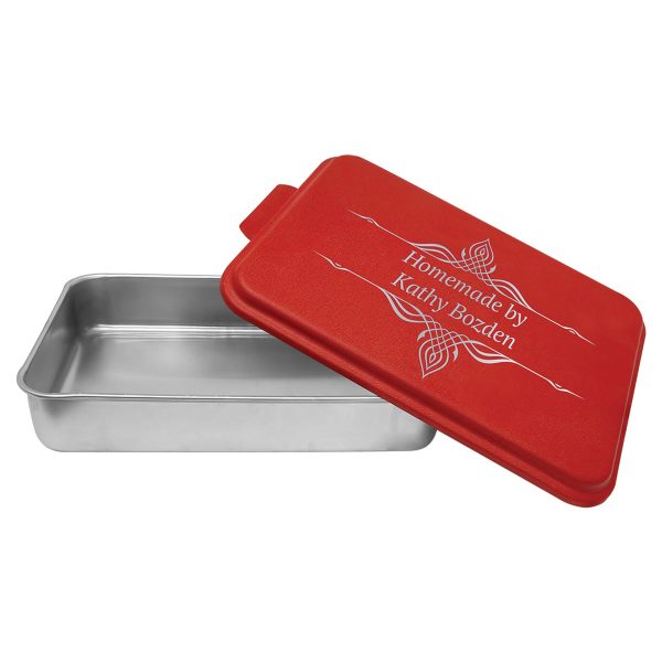 silver cake pan with red custom engraved lid