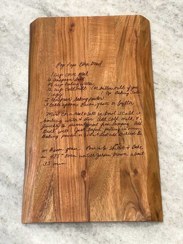 image of handwritten recipe that has been transferred onto a cutting board