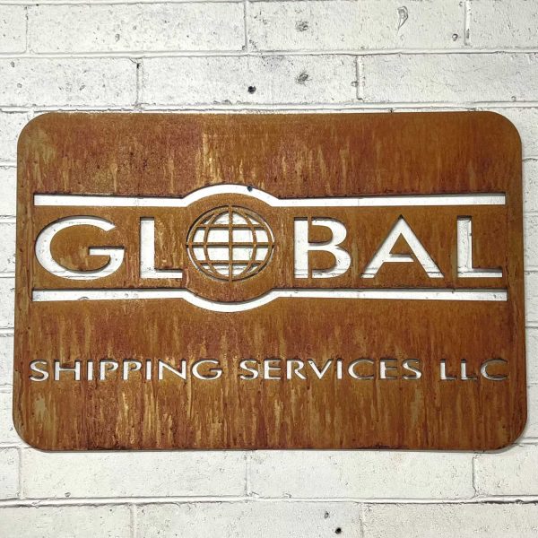rusted metal sign that has the logo for Global Shipping Solutions