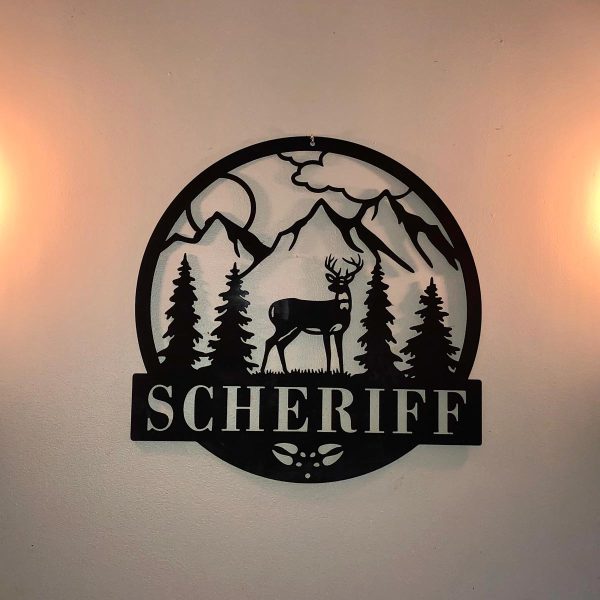 custom metal sign that has a hunting scene and says Scheriff.