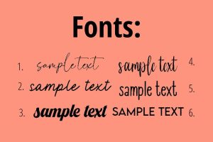 A pink box with text that says Fonts: and has six different types of fonts that all say sample text.