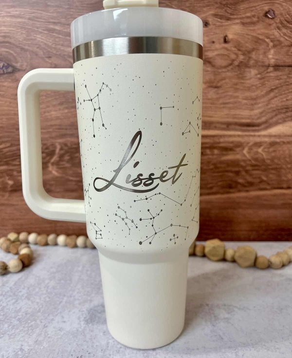 cream stanley tumbler with constellations and name Lisset