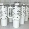 White Stanley Cups engraved with name and polka dots