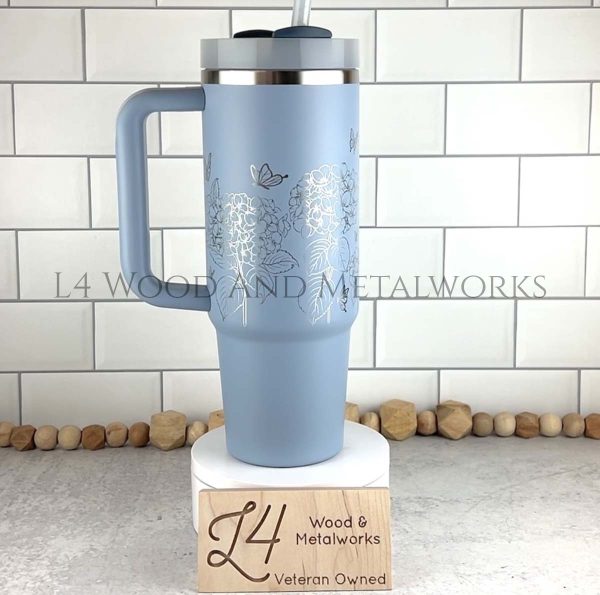 custom engraved 30 oz Stanley cup in Chambray, engraved with Hydrangeas