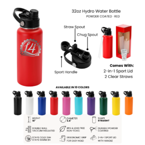 Personalized insulated water bottle with handle lid and engraved logo.