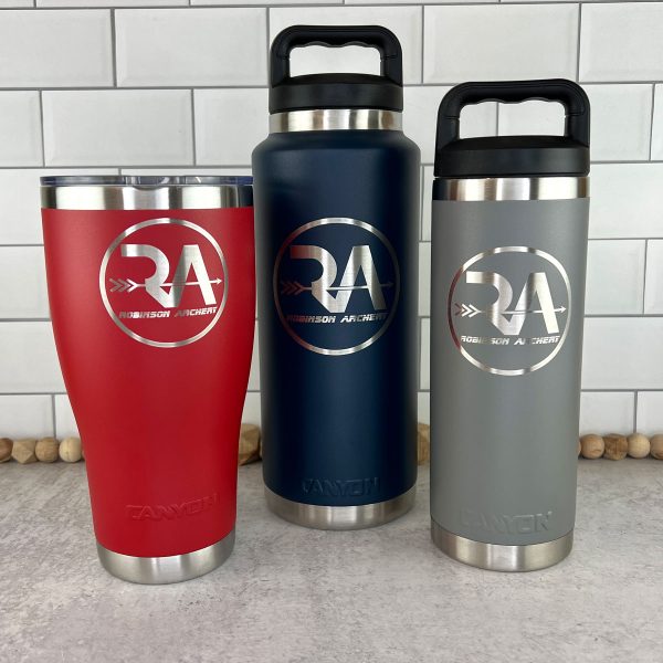 image of three laser engraved Canyon bottles and cups.