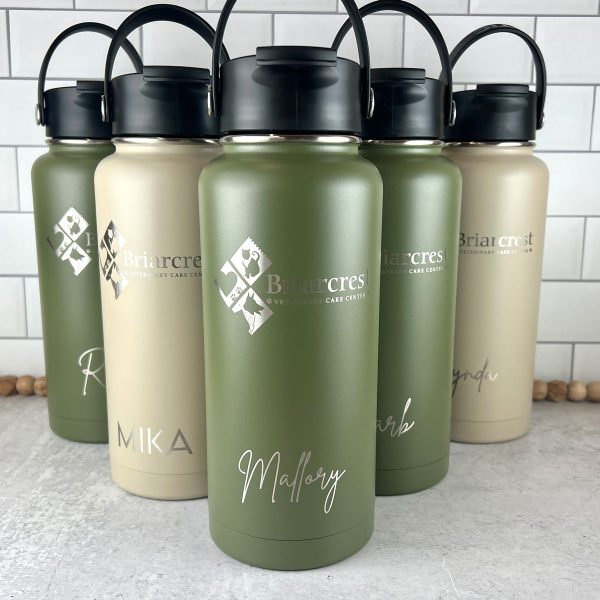 olive green and tan water bottles, engraved with Briarcrest logo