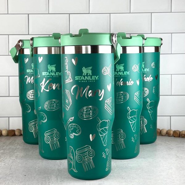 green ice flow bottles engraved with an Italy-themed design