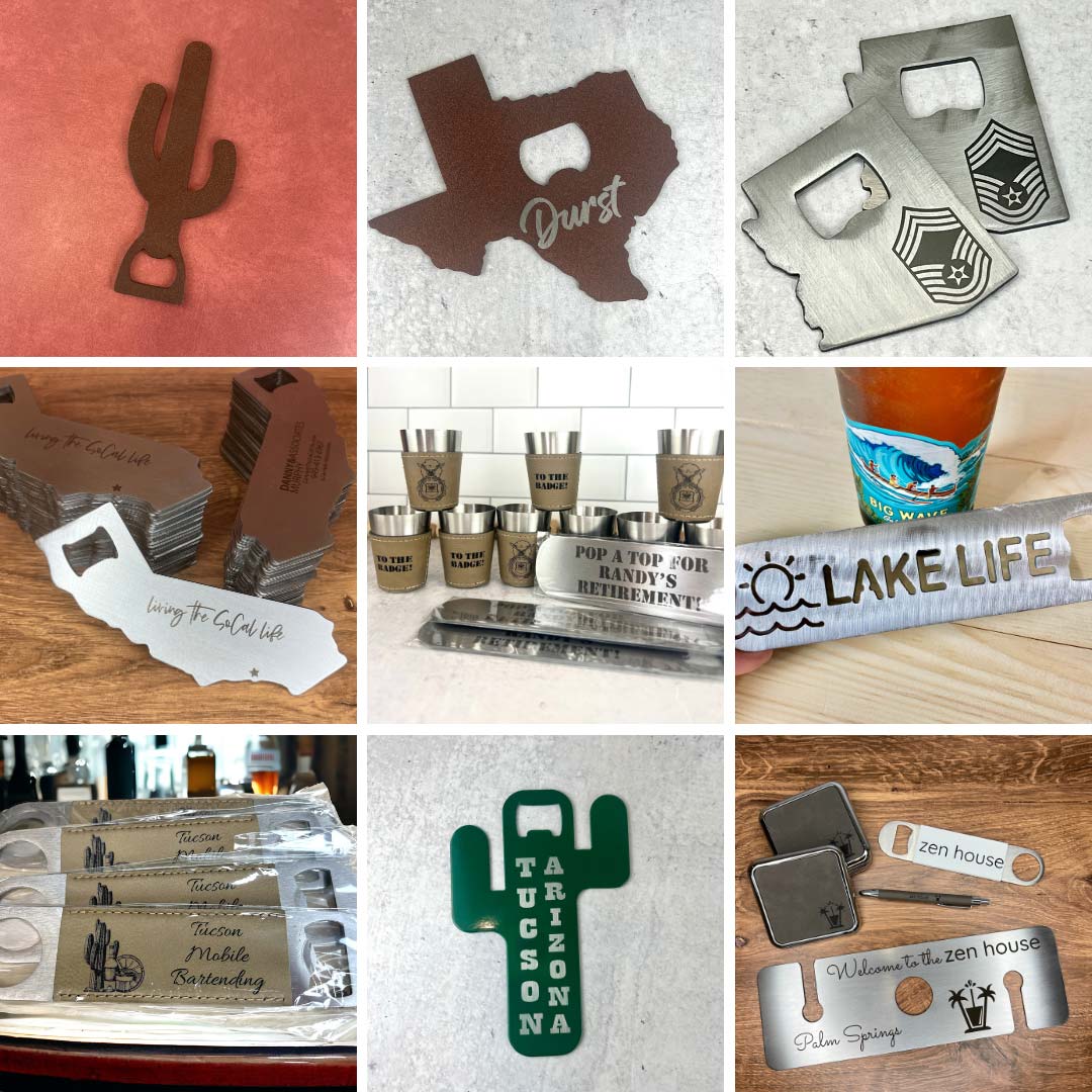 collage showing 9 types of bottle openers that we make and engrave at L4 Laser Engraving and Metal Art