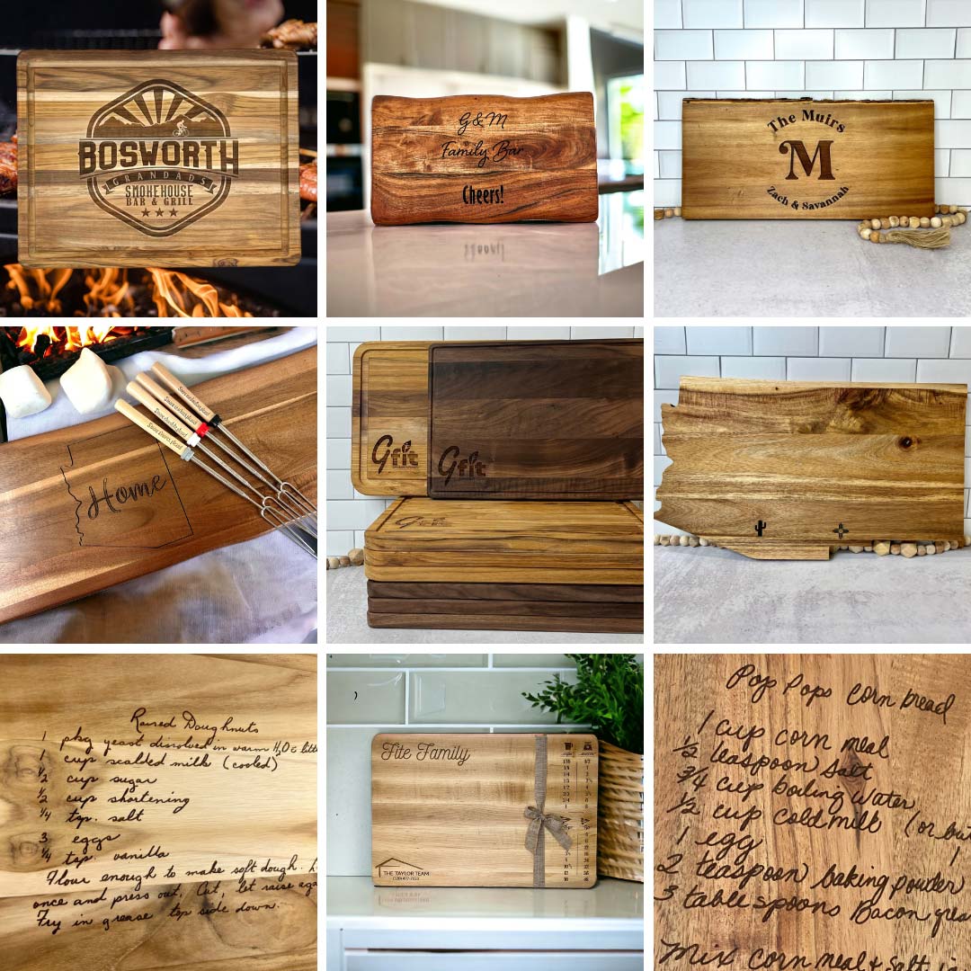 collage of 9 images showing examples of custom engraved cutting boards we have made