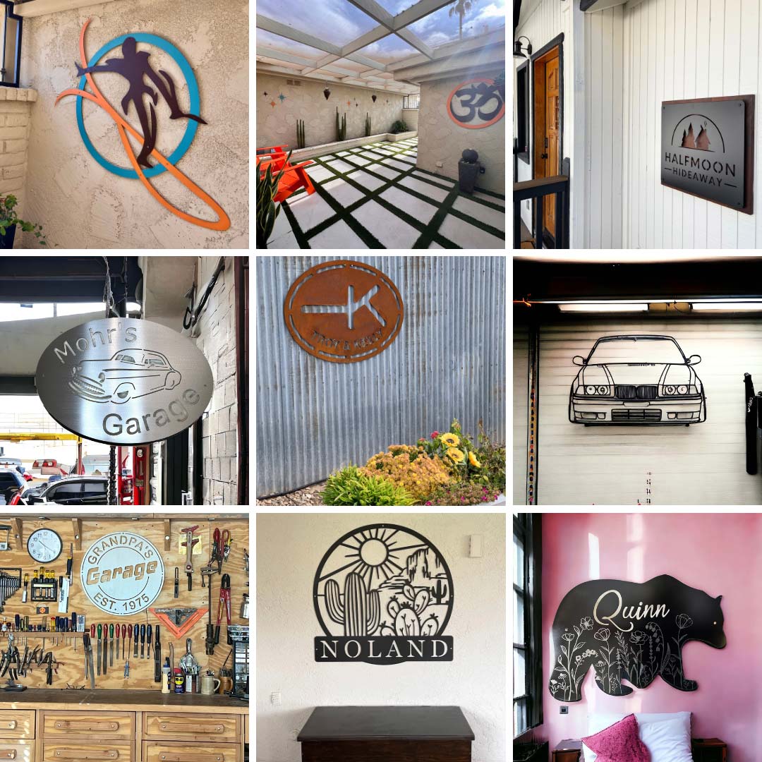 collage of 9 images showing examples of metal signs made for customer