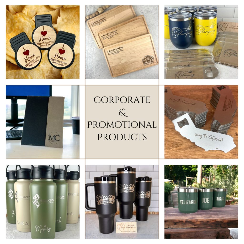 collage with 9 squares - center says Corporate & Promotional Products and images show a variety of engraved bottles, engraved tumblers, custom bottle openers, and custom chip clips.