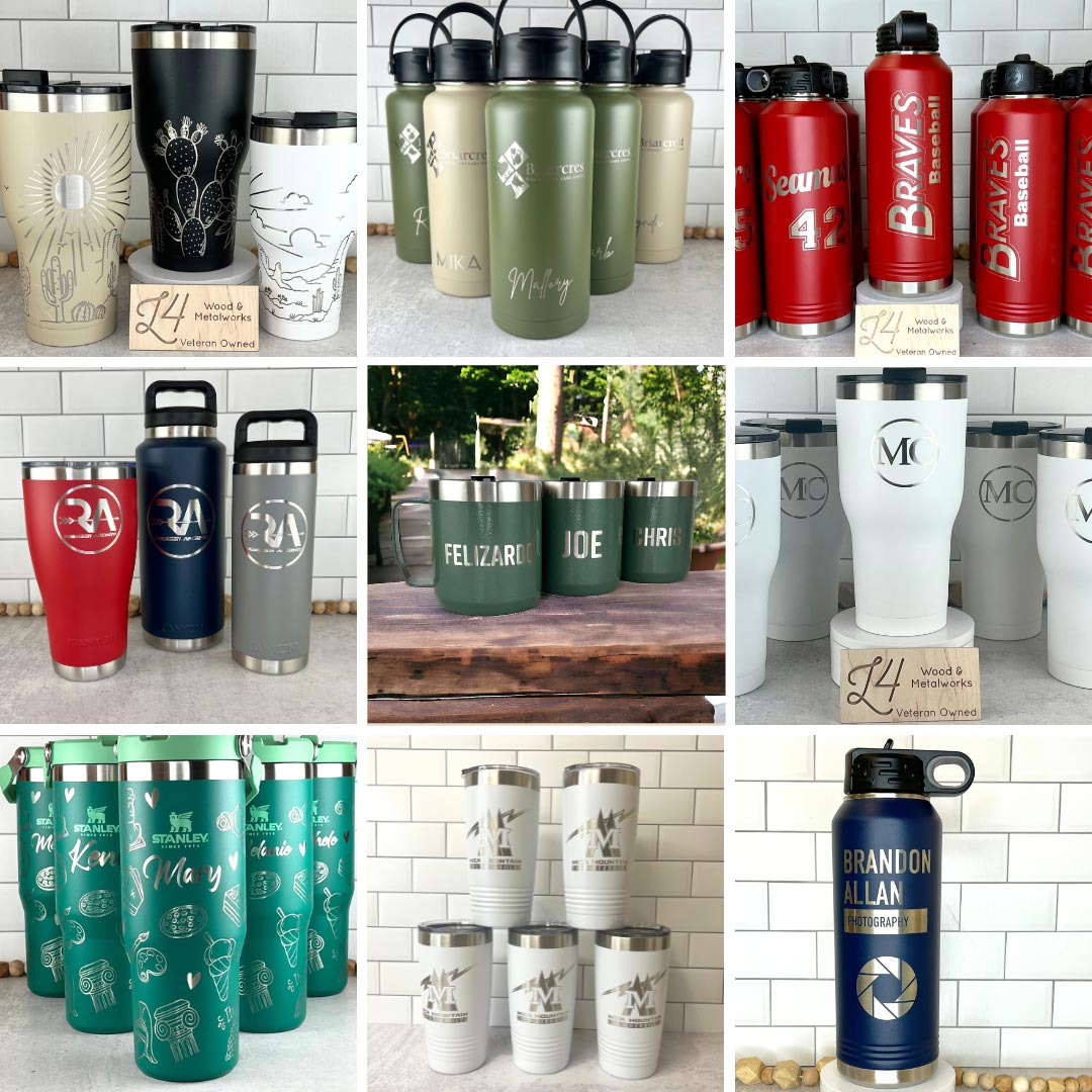 collage of 9 images showing laser engraved water bottles and tumblers